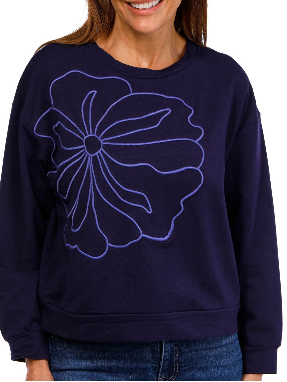 NWT Kaktus Women's Crewneck Flower Embroidered Sweatshirt — Navy Size L